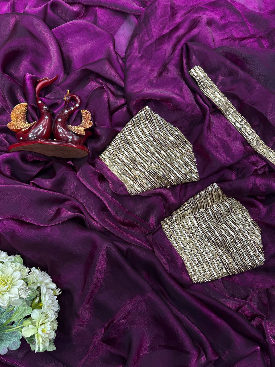 Luxury Shimmer Organza Saree with Heavy Sequin Designer Blouse – 7 Color Options