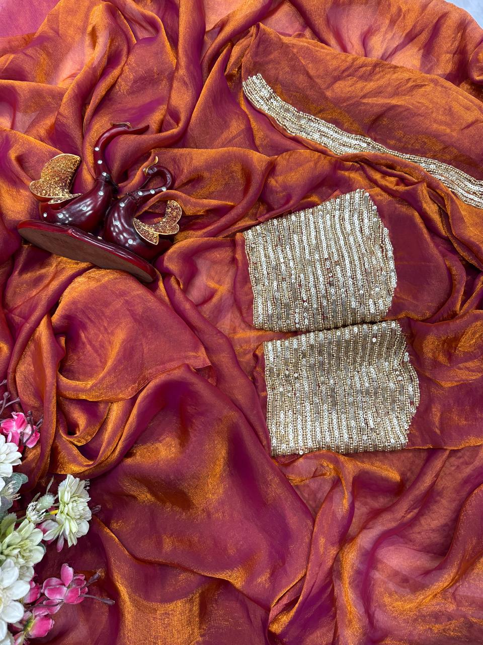 Luxury Shimmer Organza Saree with Heavy Sequin Designer Blouse – 7 Color Options