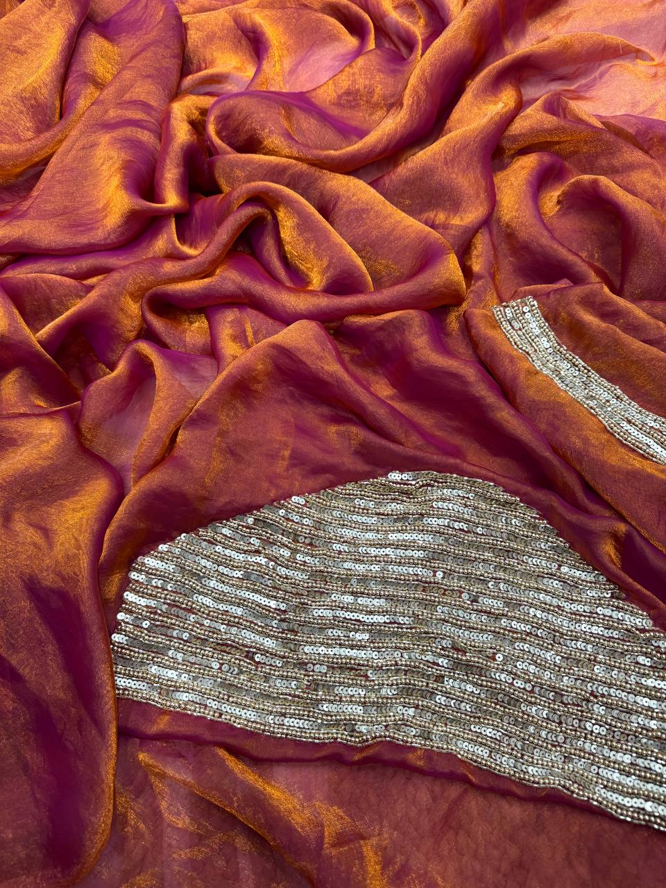 Luxury Shimmer Organza Saree with Heavy Sequin Designer Blouse – 7 Color Options