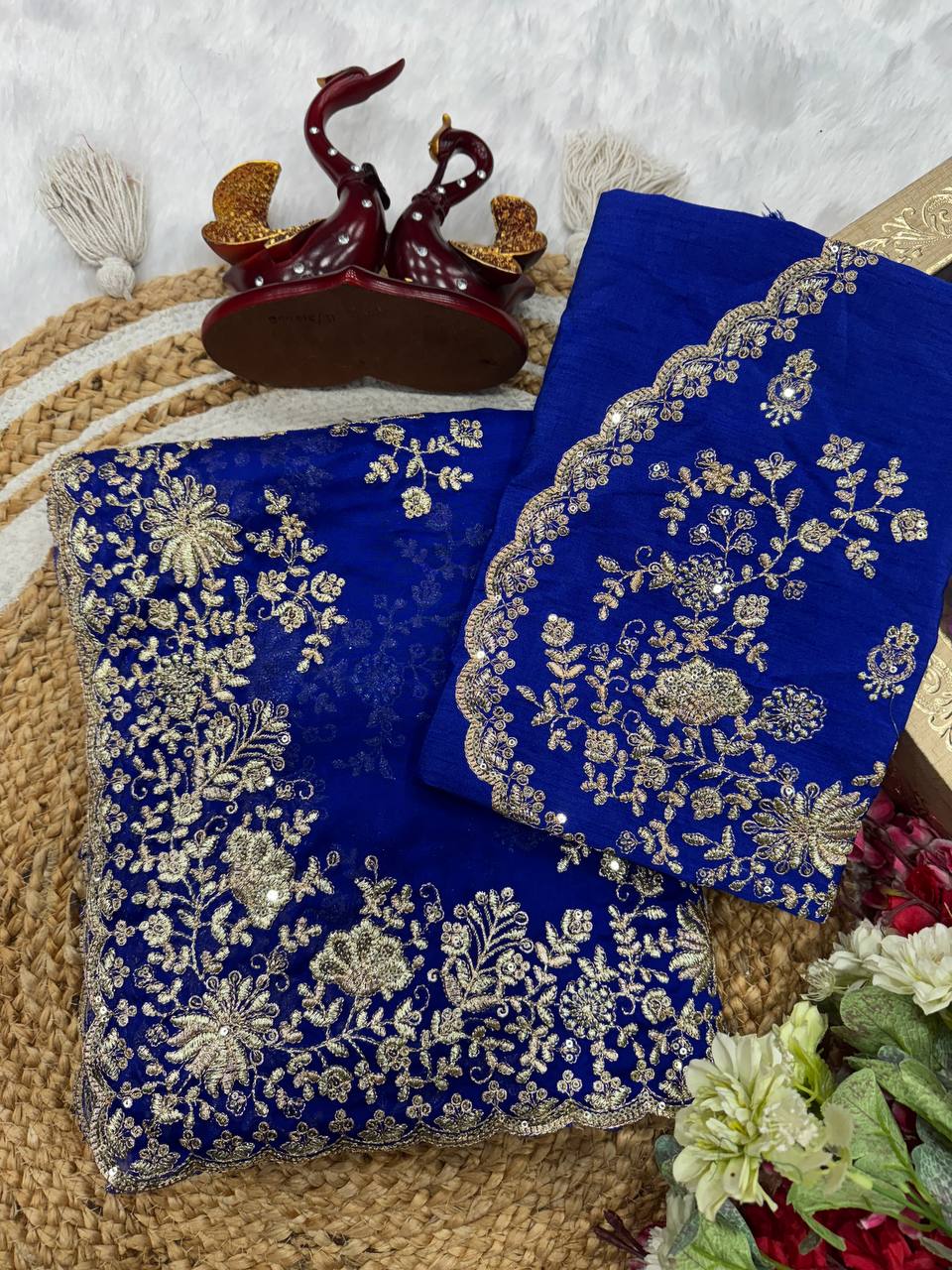 Royal Blue Heavy Embroidered Saree with Gold Zari Floral Work & Designer Blouse