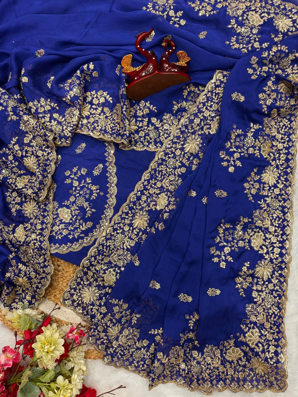 Royal Blue Heavy Embroidered Saree with Gold Zari Floral Work & Designer Blouse
