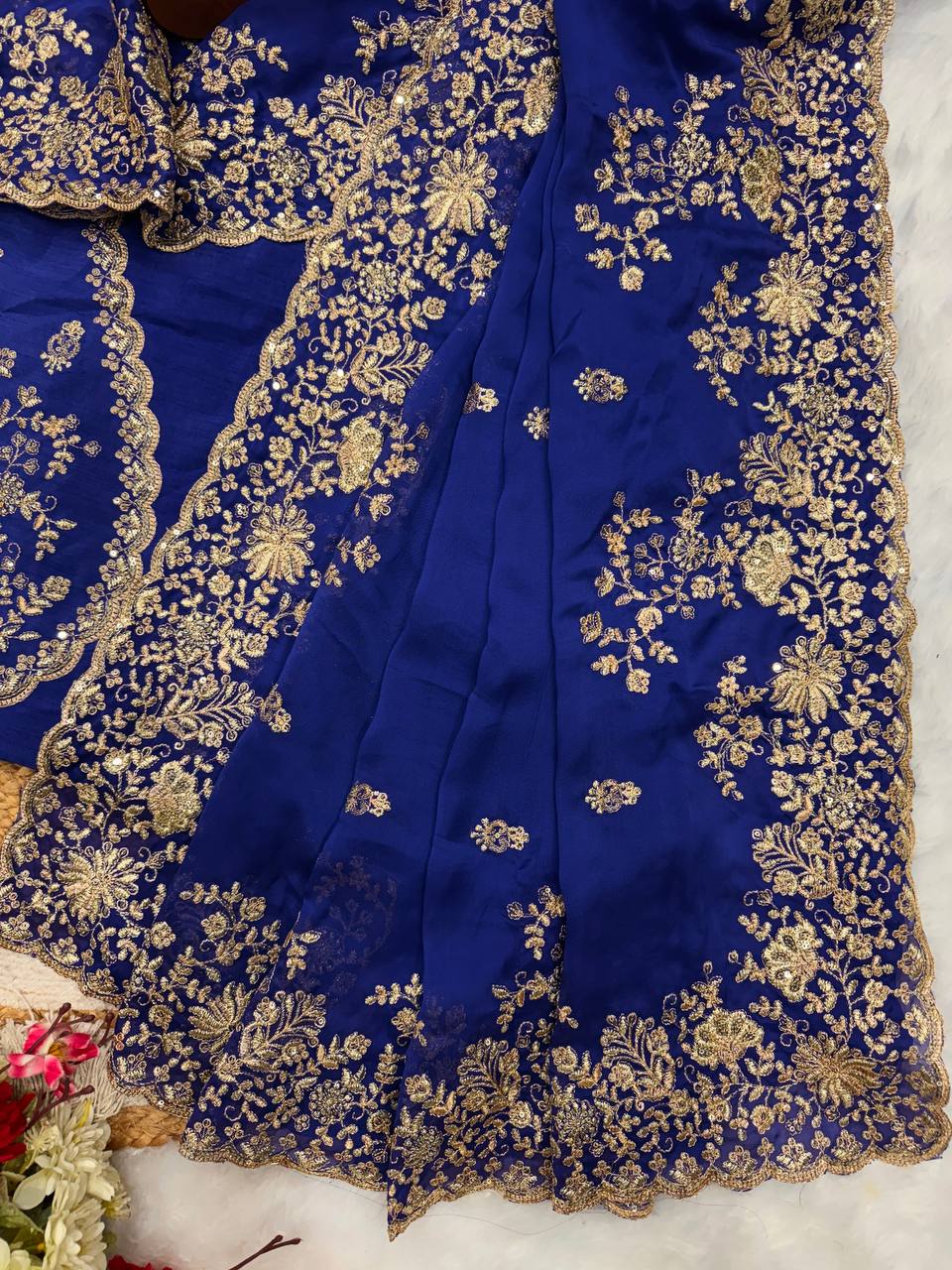 Royal Blue Heavy Embroidered Saree with Gold Zari Floral Work & Designer Blouse