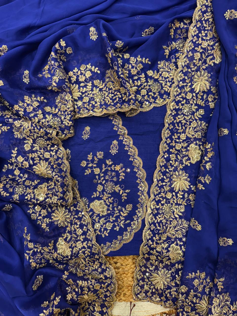 Royal Blue Heavy Embroidered Saree with Gold Zari Floral Work & Designer Blouse