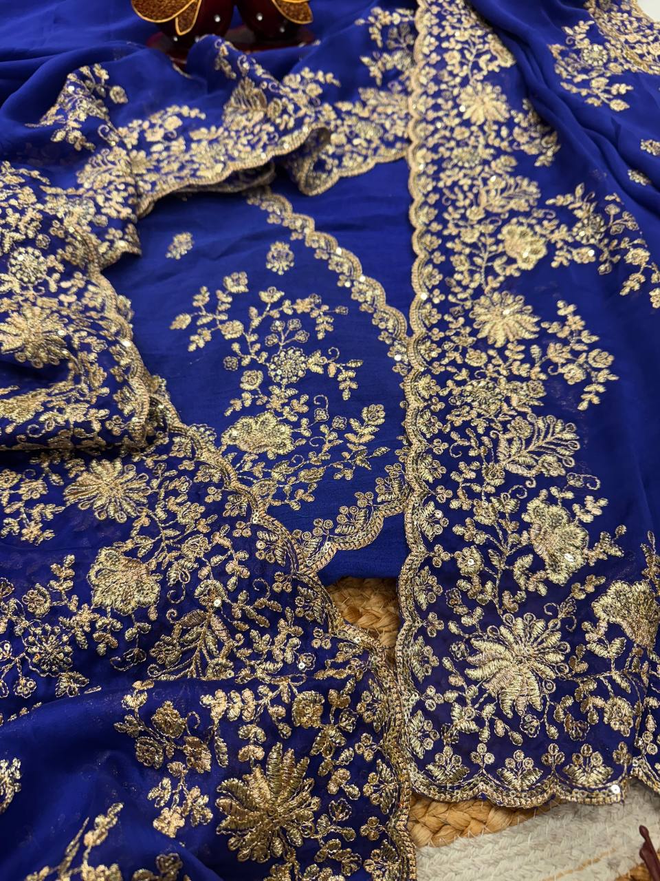 Royal Blue Heavy Embroidered Saree with Gold Zari Floral Work & Designer Blouse