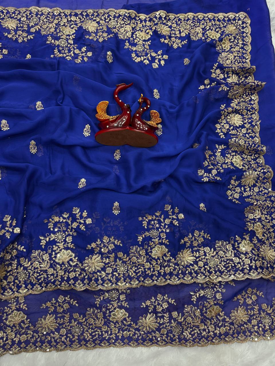 Royal Blue Heavy Embroidered Saree with Gold Zari Floral Work & Designer Blouse