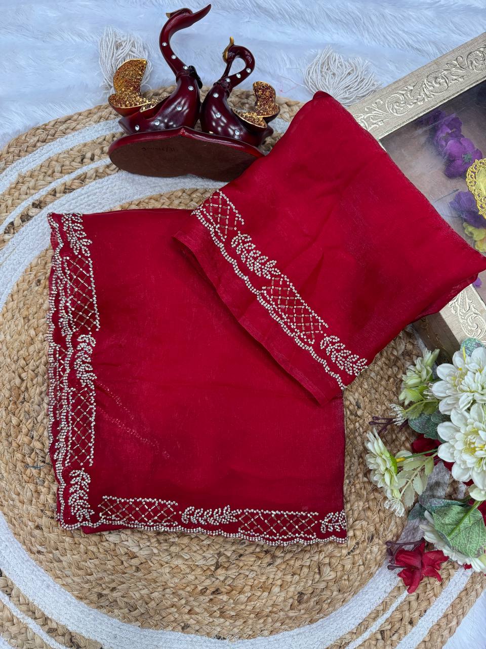 Red Saree with Elegant Stone Work Border & Matching Blouse
