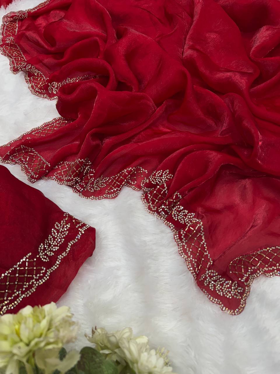 Red Saree with Elegant Stone Work Border & Matching Blouse