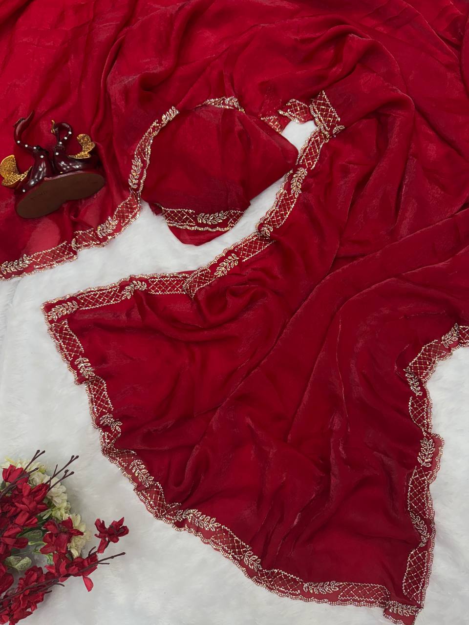 Red Saree with Elegant Stone Work Border & Matching Blouse