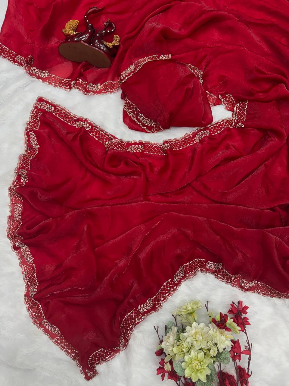 Red Saree with Elegant Stone Work Border & Matching Blouse