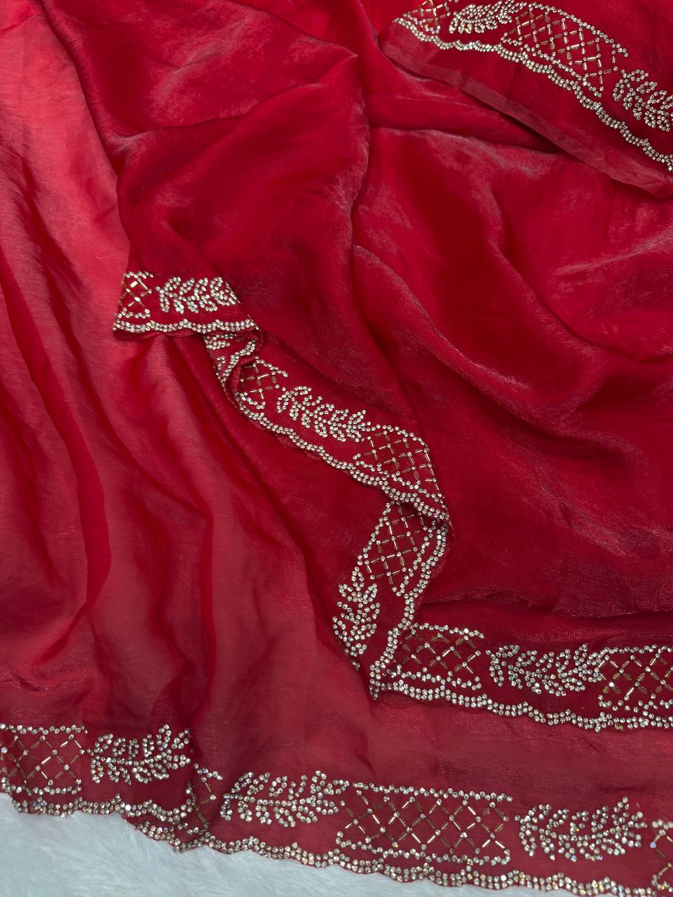 Red Saree with Elegant Stone Work Border & Matching Blouse