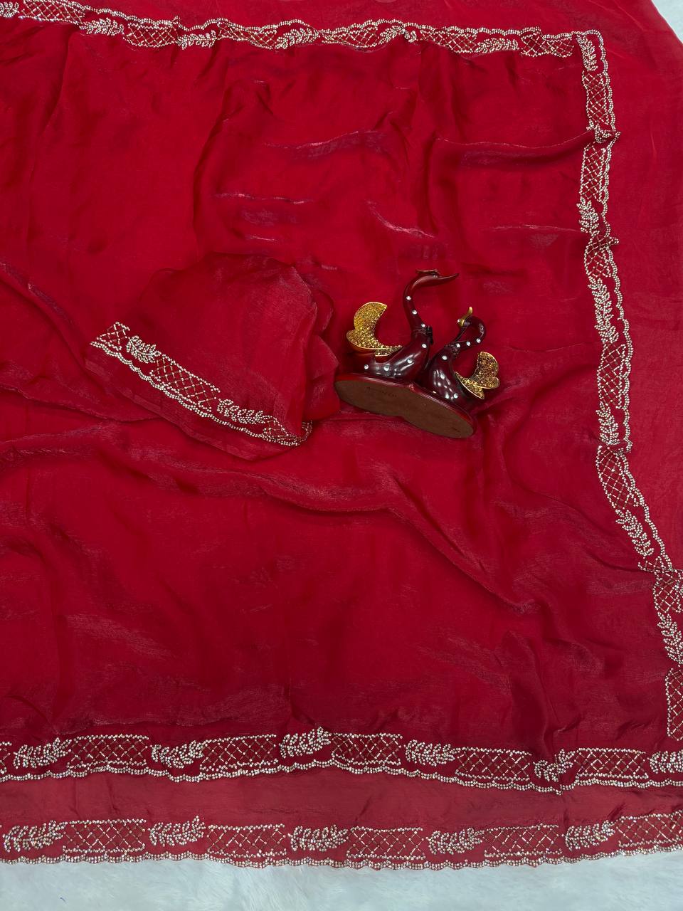 Red Saree with Elegant Stone Work Border & Matching Blouse