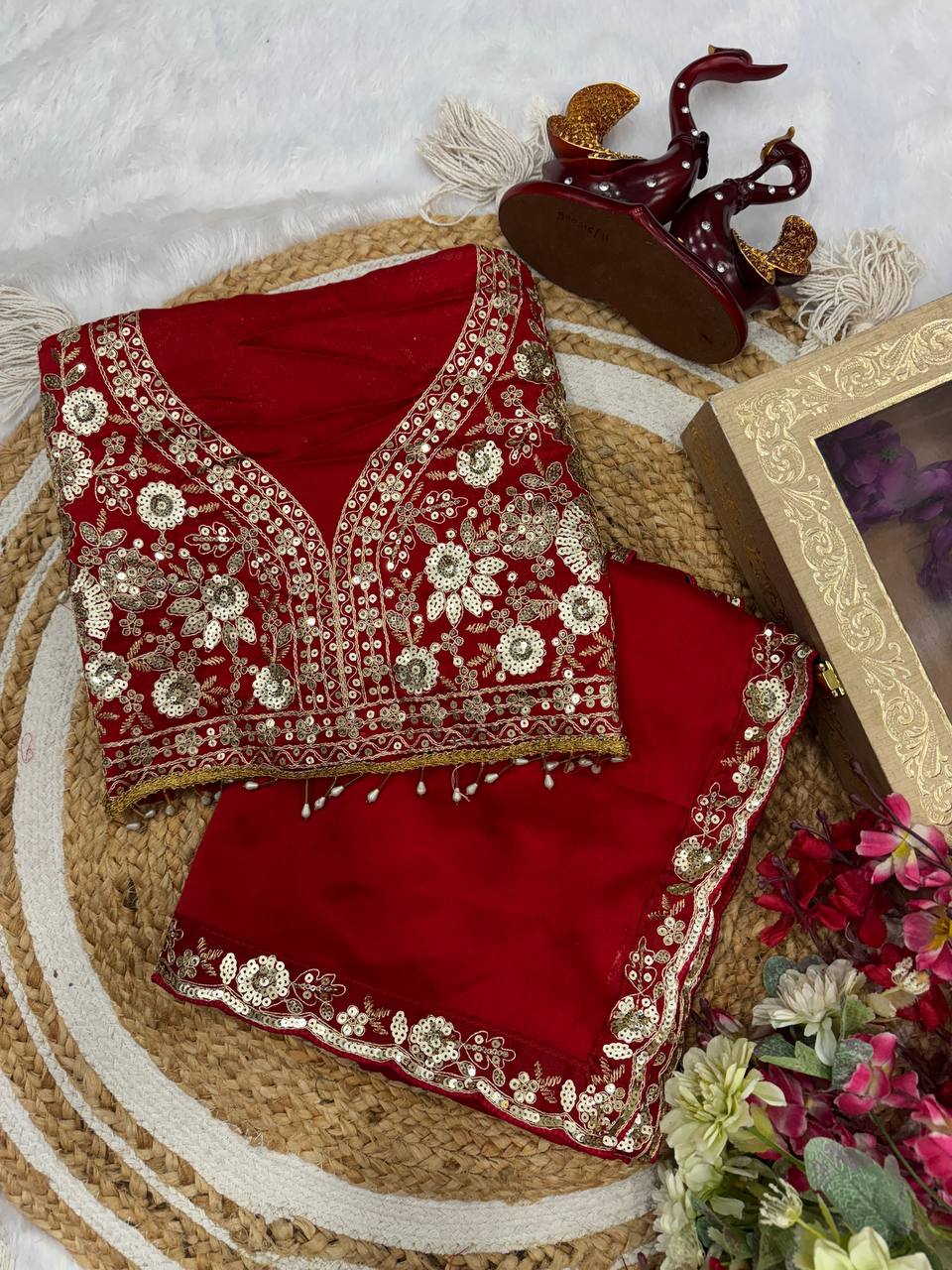 Red Heavy Embroidered Saree with Floral Zari-Sequin Work & Designer Blouse