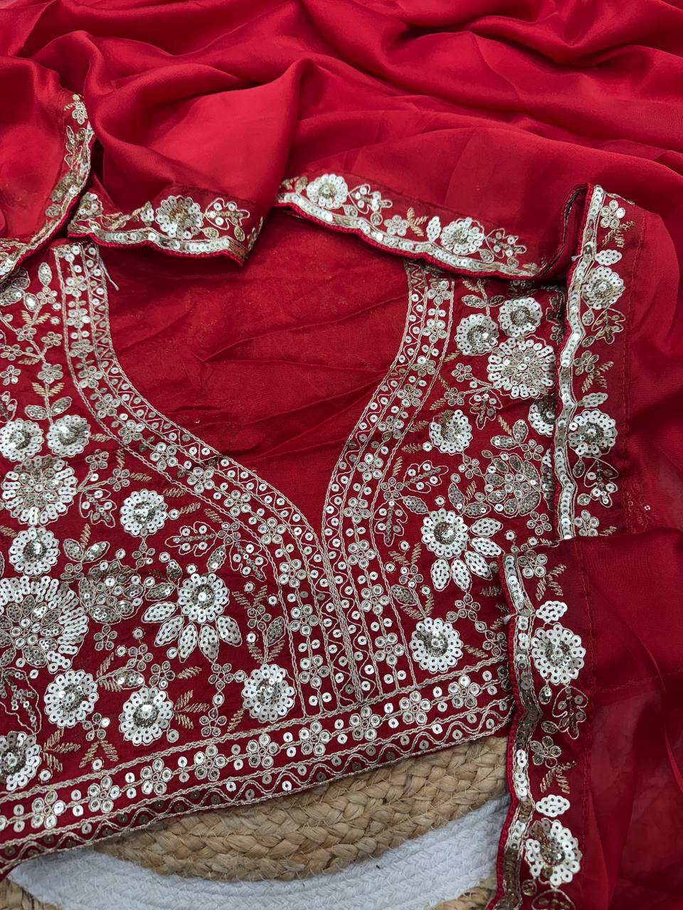 Red Heavy Embroidered Saree with Floral Zari-Sequin Work & Designer Blouse