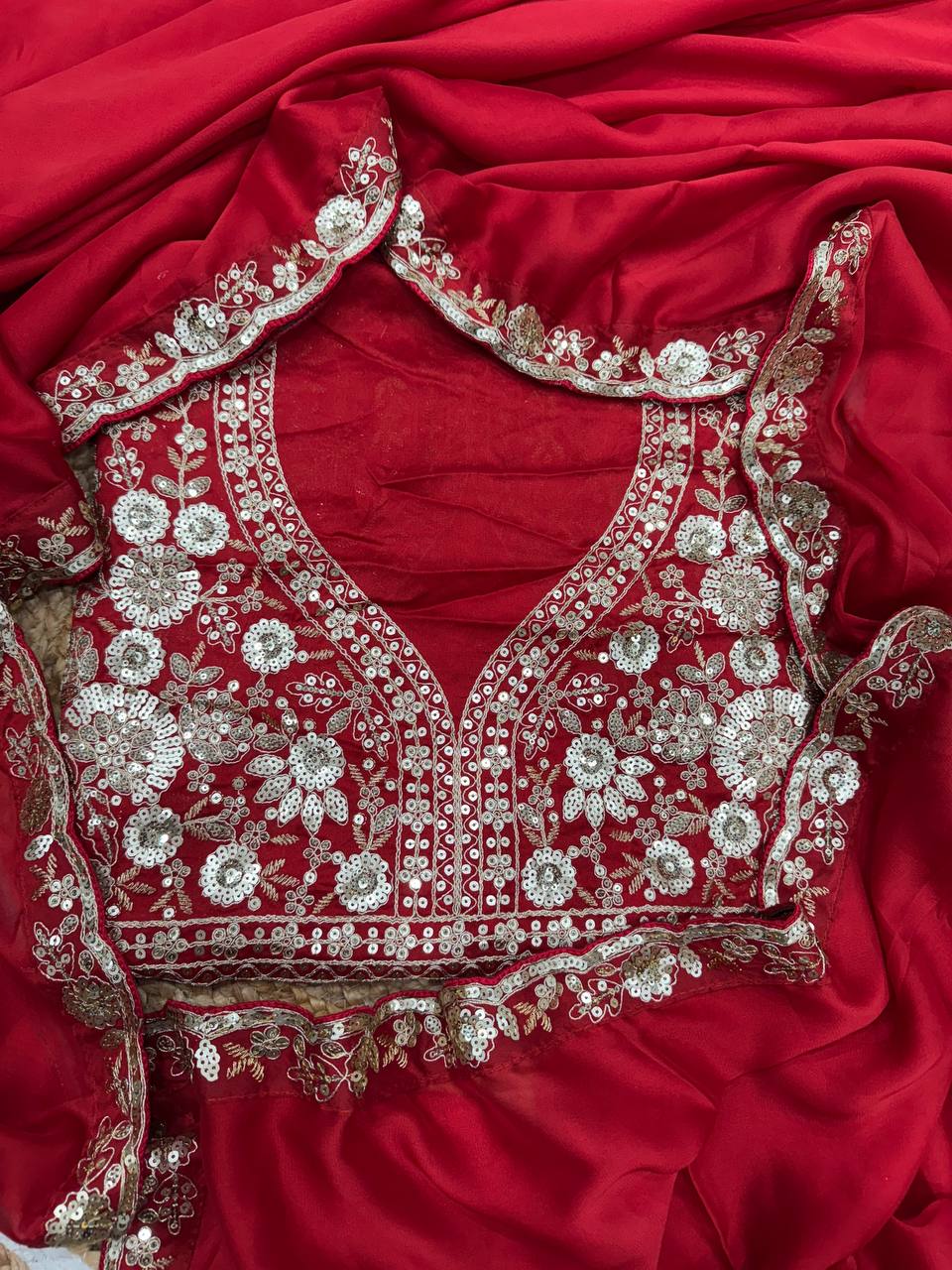 Red Heavy Embroidered Saree with Floral Zari-Sequin Work & Designer Blouse