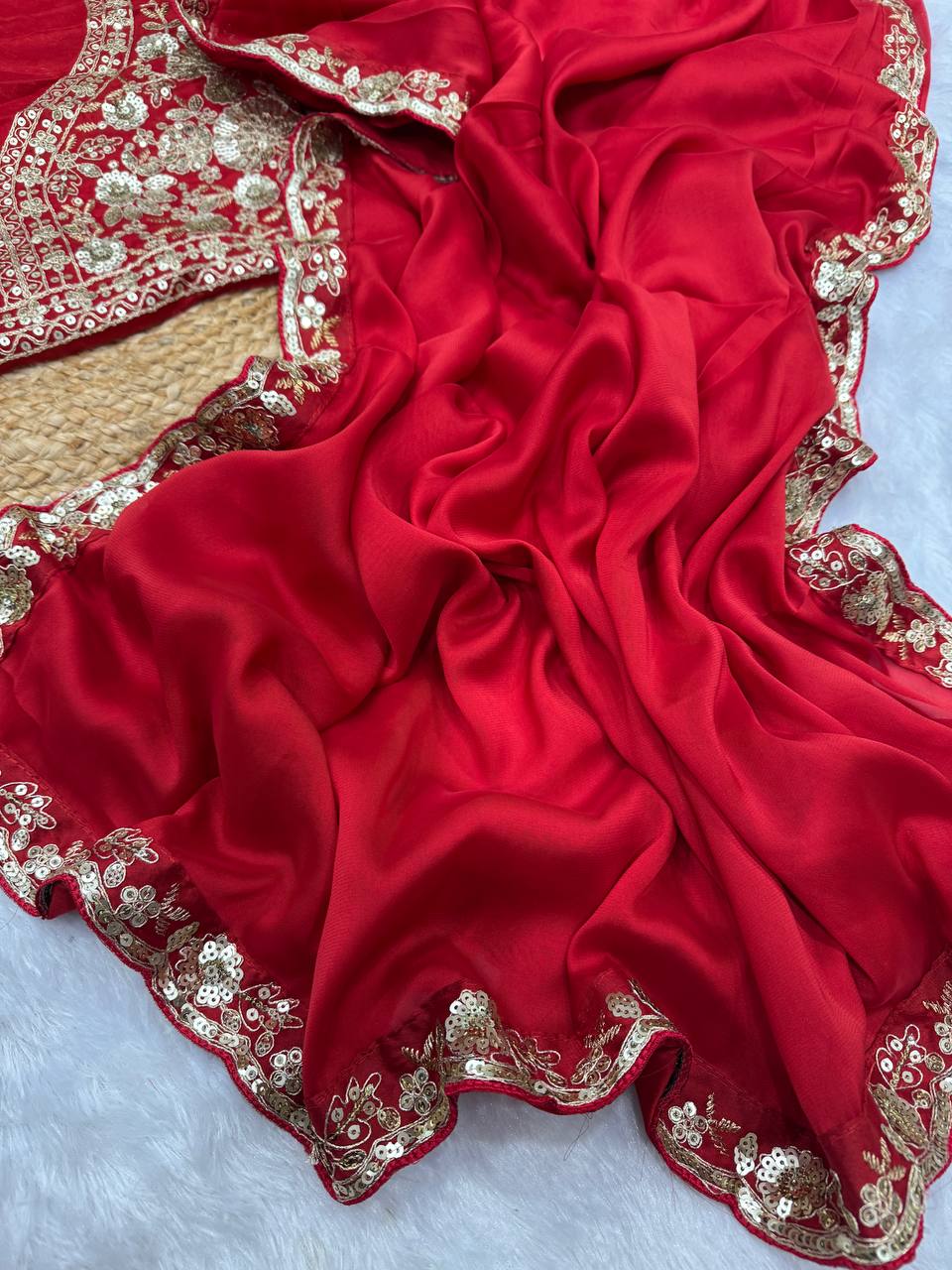 Red Heavy Embroidered Saree with Floral Zari-Sequin Work & Designer Blouse