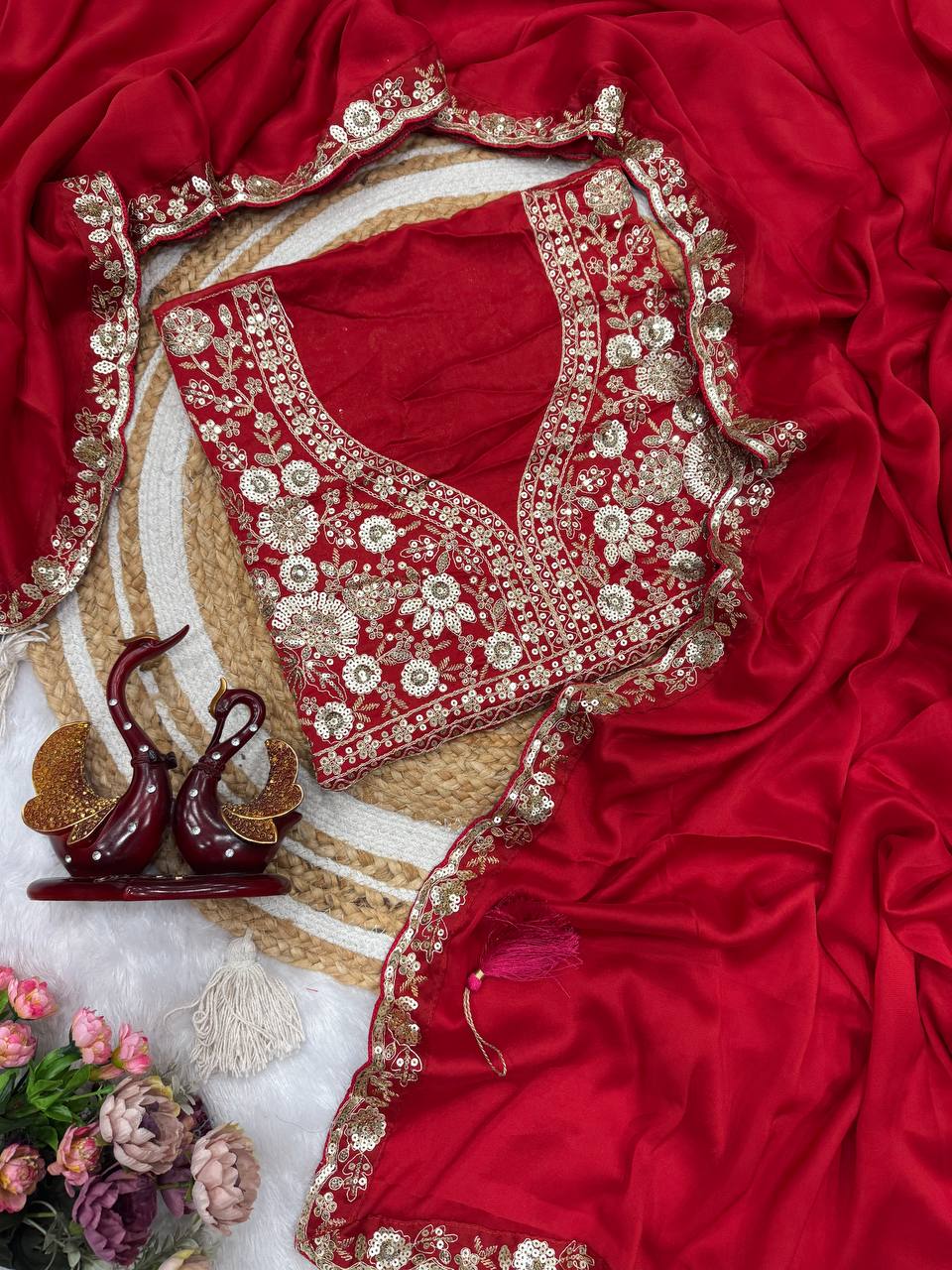 Red Heavy Embroidered Saree with Floral Zari-Sequin Work & Designer Blouse