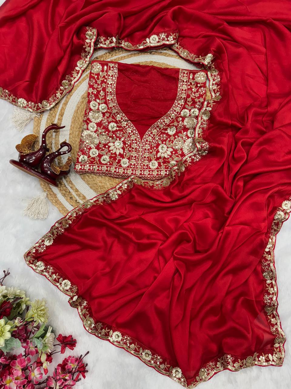 Red Heavy Embroidered Saree with Floral Zari-Sequin Work & Designer Blouse