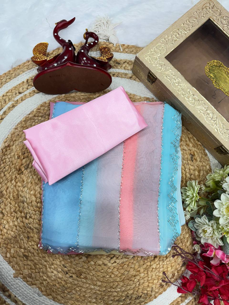 Pastel Multi-Color Striped Organza Saree with Subtle Sequin Work & Matching Blouse