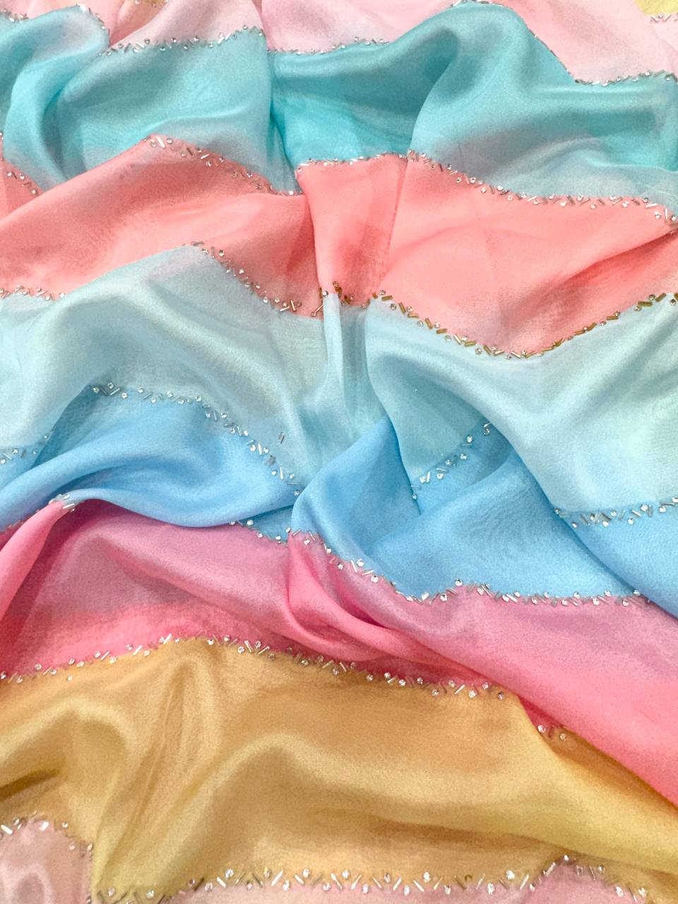 Pastel Multi-Color Striped Organza Saree with Subtle Sequin Work & Matching Blouse