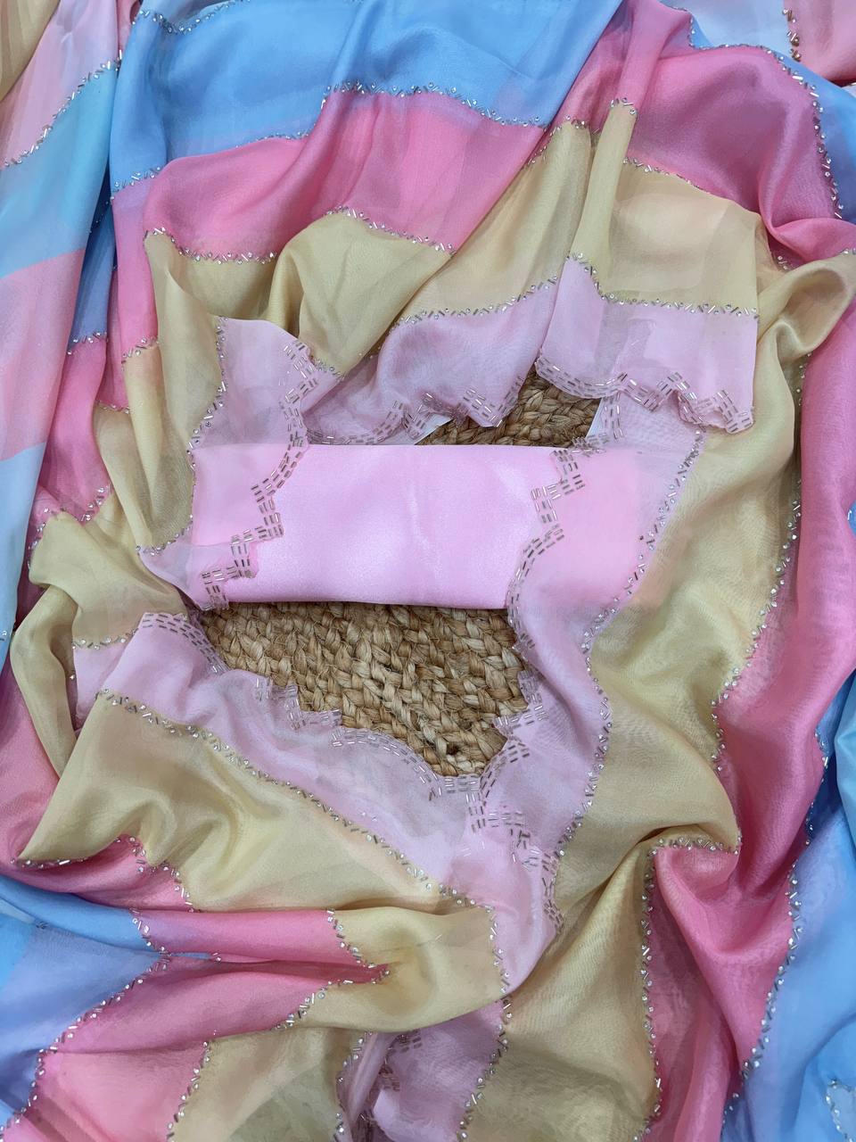 Pastel Multi-Color Striped Organza Saree with Subtle Sequin Work & Matching Blouse