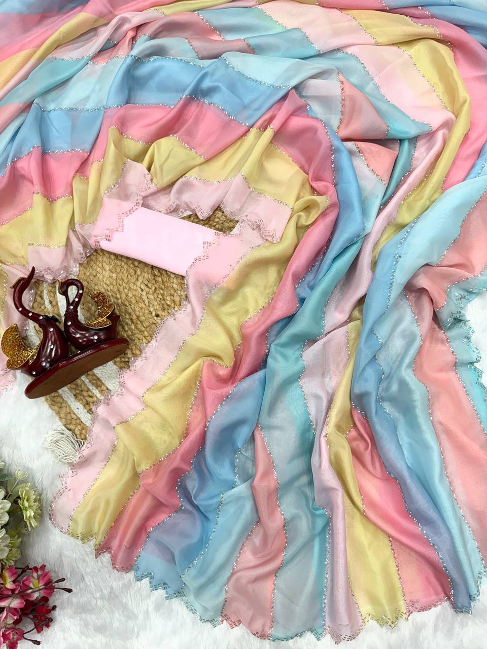 Pastel Multi-Color Striped Organza Saree with Subtle Sequin Work & Matching Blouse