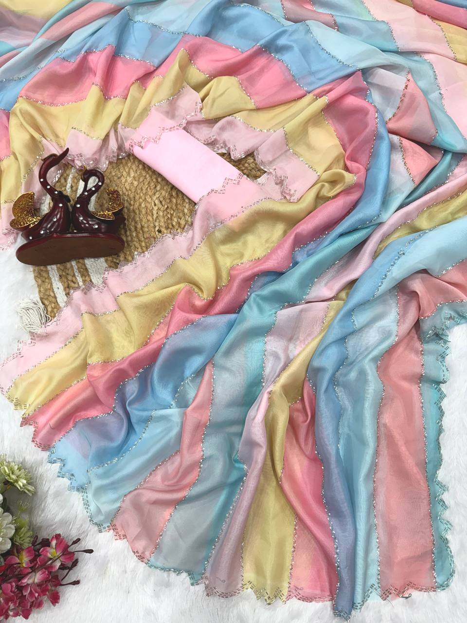 Pastel Multi-Color Striped Organza Saree with Subtle Sequin Work & Matching Blouse