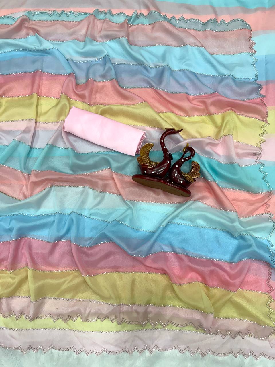 Pastel Multi-Color Striped Organza Saree with Subtle Sequin Work & Matching Blouse