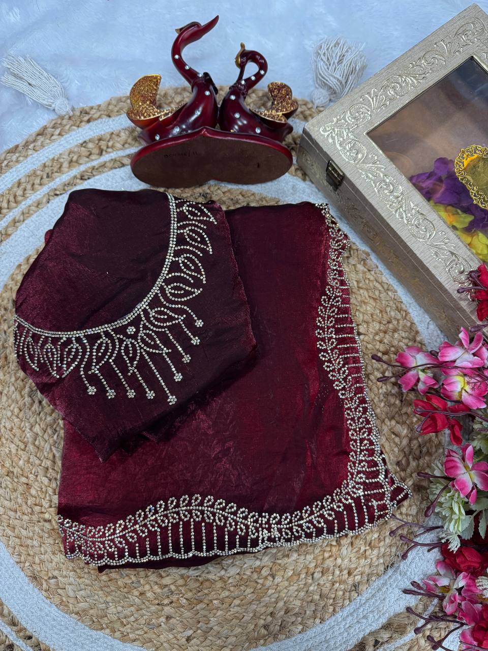 Wine Maroon Saree with Crystal Stone Work Border & Designer Blouse