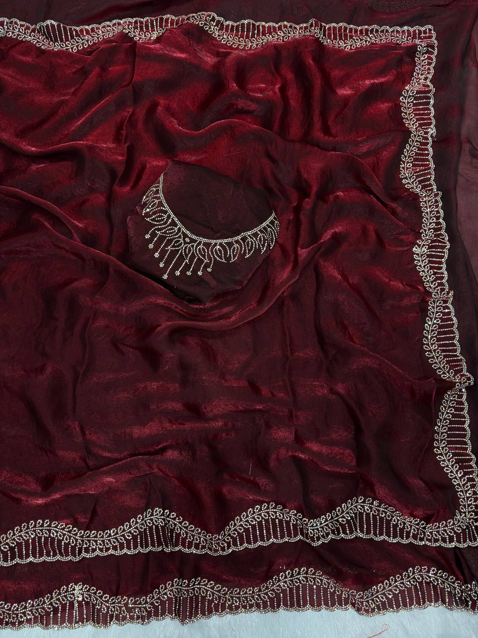 Wine Maroon Saree with Crystal Stone Work Border & Designer Blouse