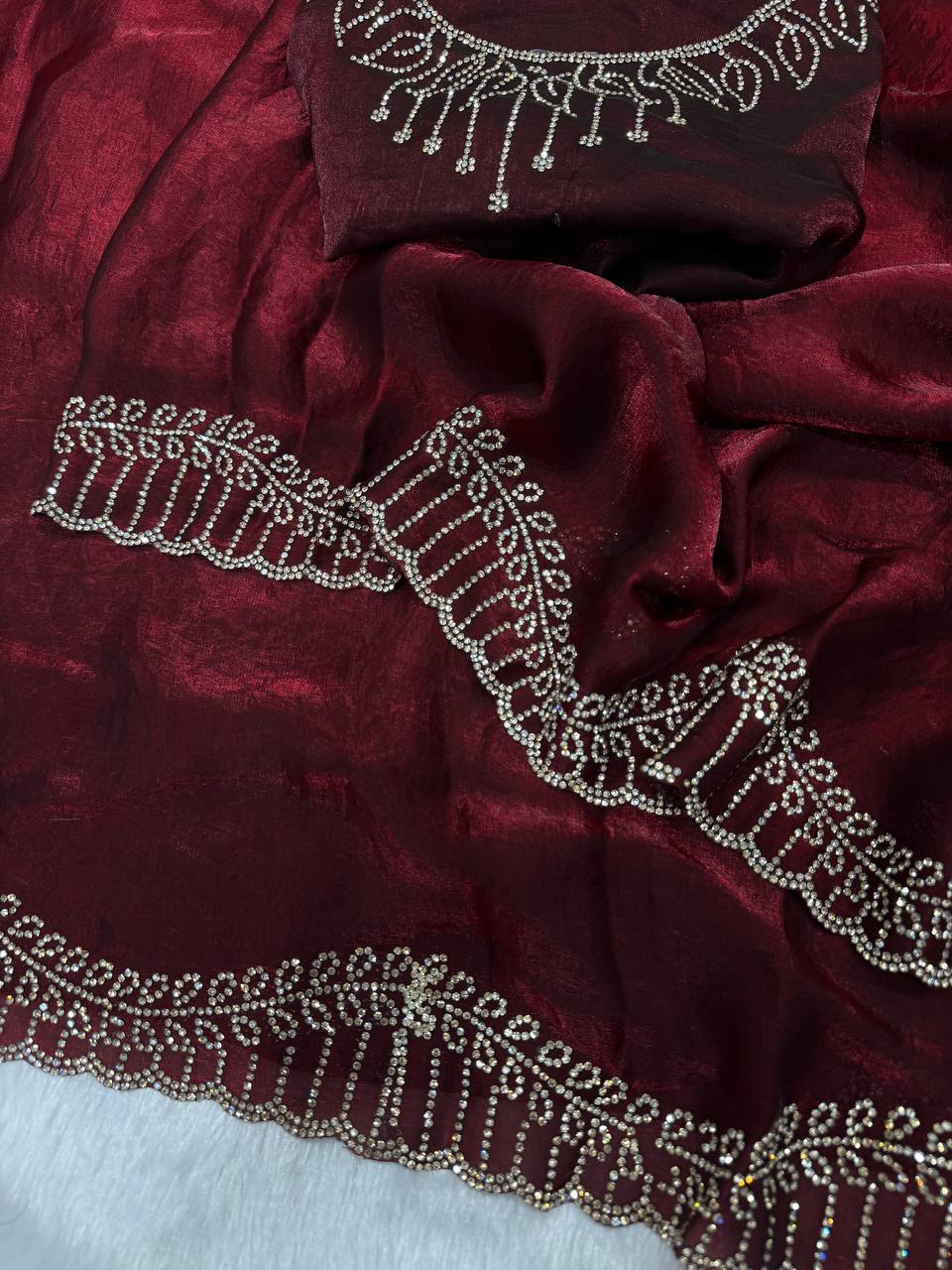 Wine Maroon Saree with Crystal Stone Work Border & Designer Blouse