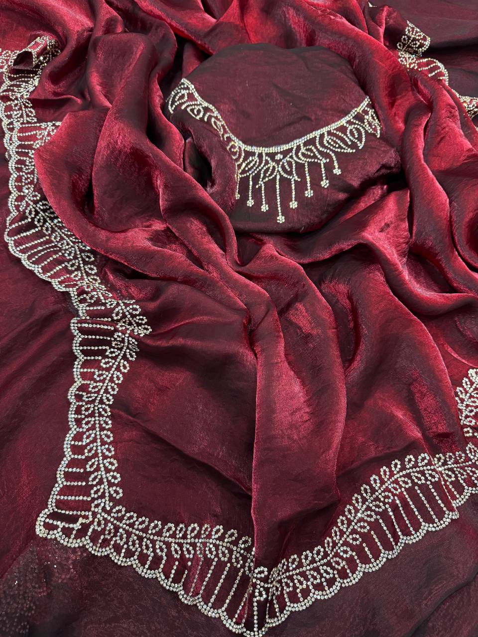 Wine Maroon Saree with Crystal Stone Work Border & Designer Blouse