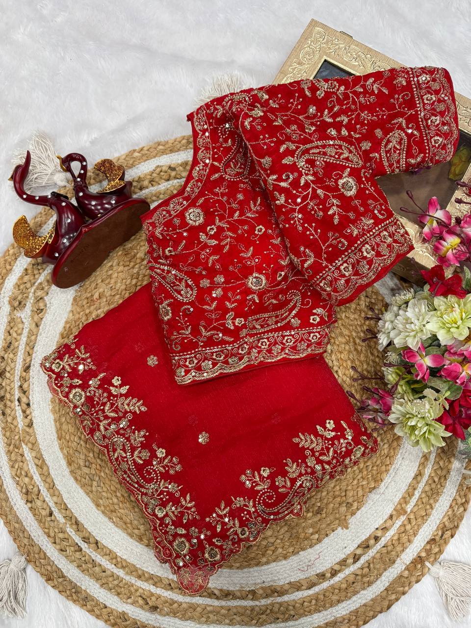 Luxury Red Heavy Embroidered Saree with Intricate Zari Work & Designer Blouse