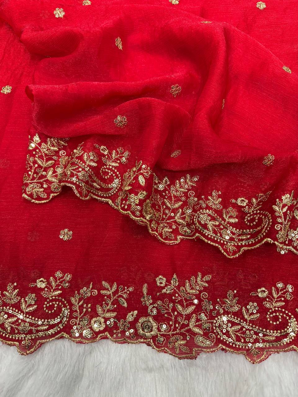 Luxury Red Heavy Embroidered Saree with Intricate Zari Work & Designer Blouse