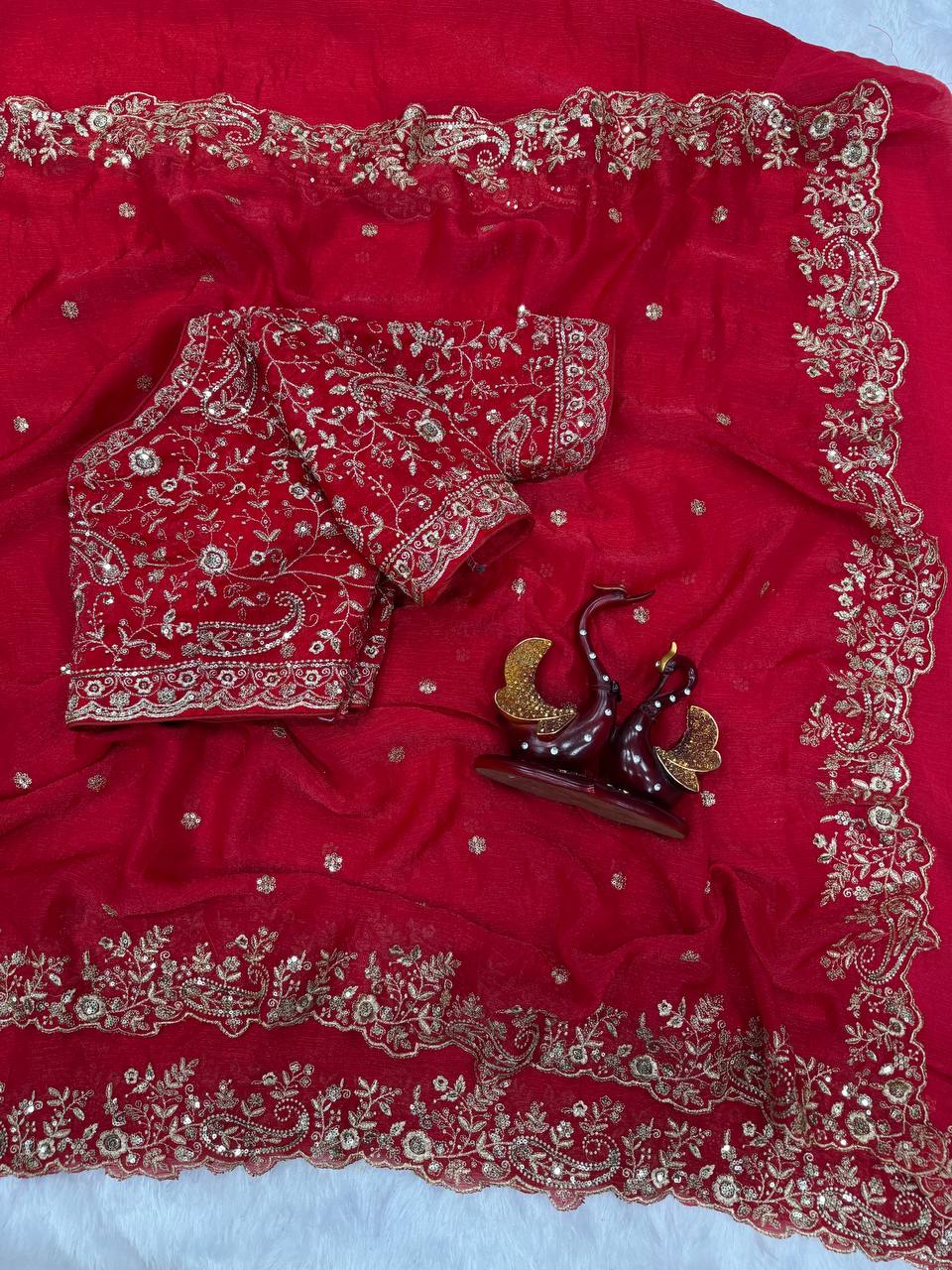 Luxury Red Heavy Embroidered Saree with Intricate Zari Work & Designer Blouse