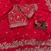 Luxury Red Heavy Embroidered Saree with Intricate Zari Work & Designer Blouse