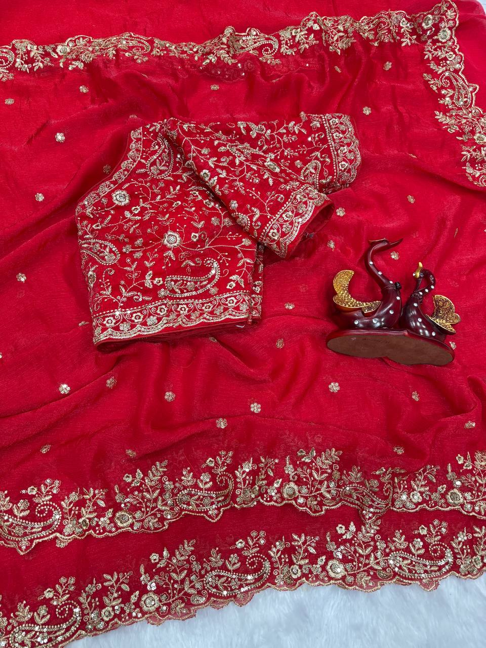 Luxury Red Heavy Embroidered Saree with Intricate Zari Work & Designer Blouse