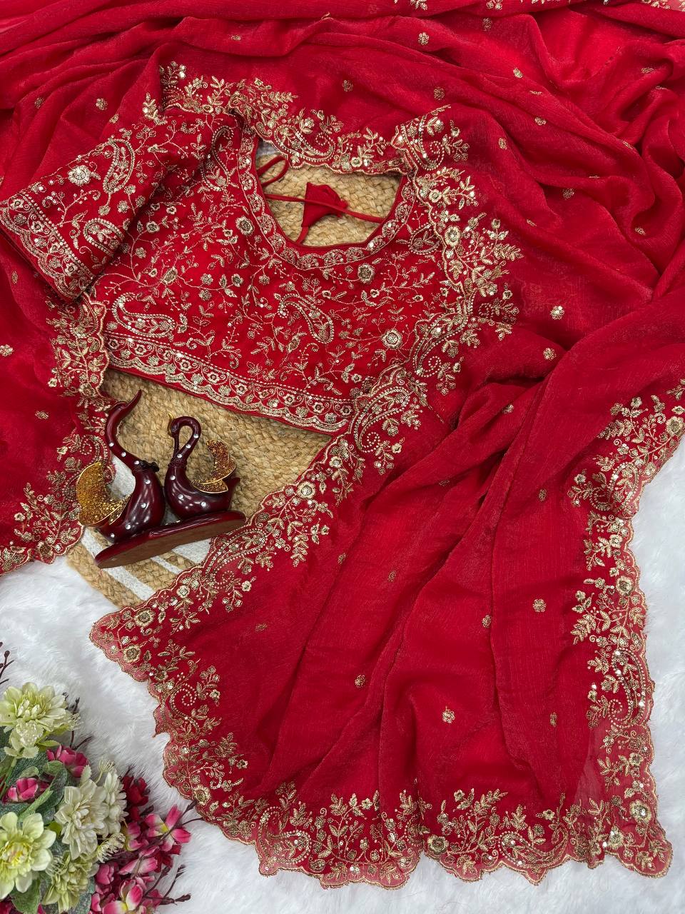Luxury Red Heavy Embroidered Saree with Intricate Zari Work & Designer Blouse