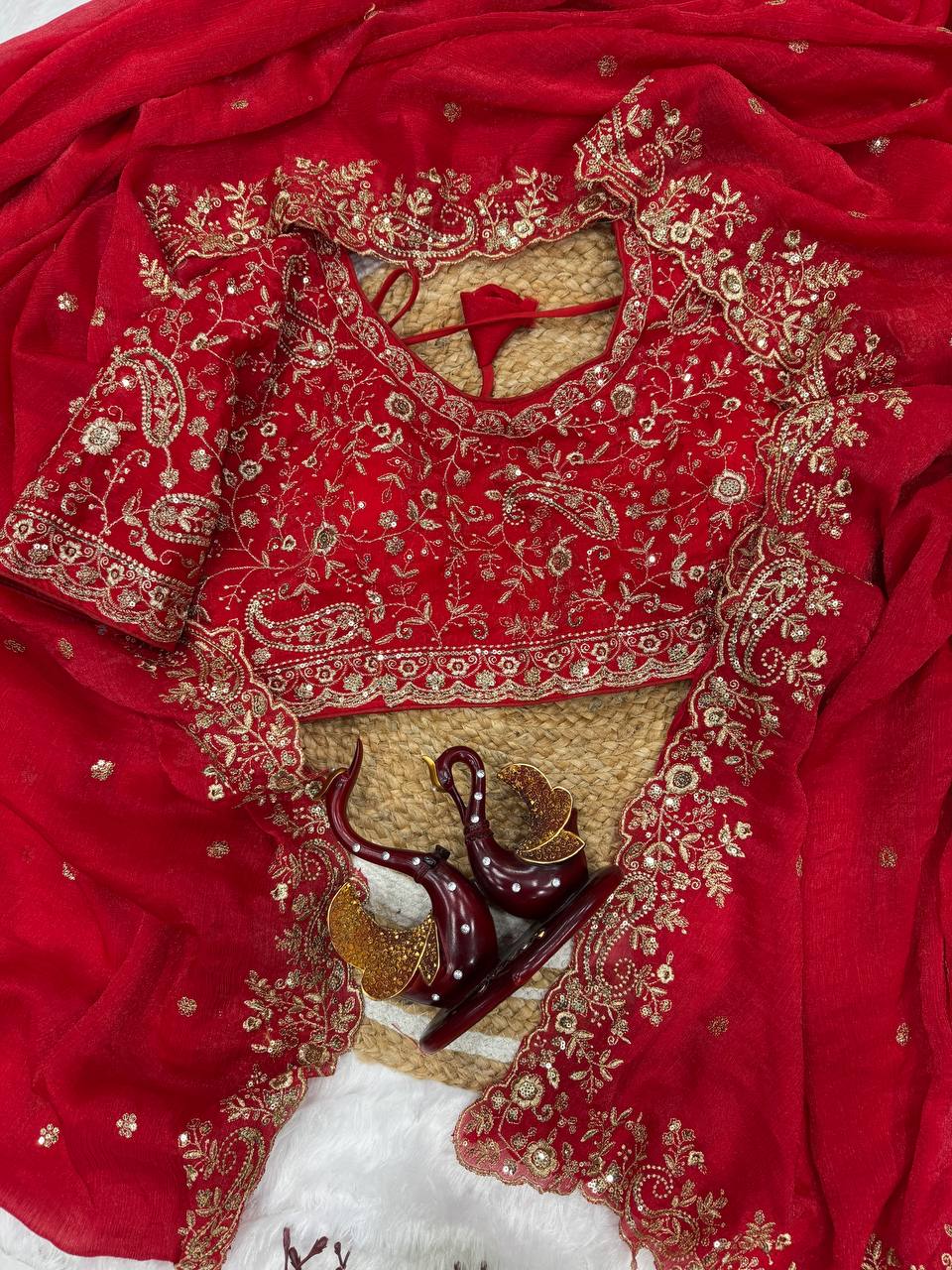 Luxury Red Heavy Embroidered Saree with Intricate Zari Work & Designer Blouse