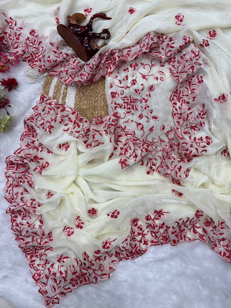 Ivory White Organza Saree with Red Floral Embroidery & Designer Blouse