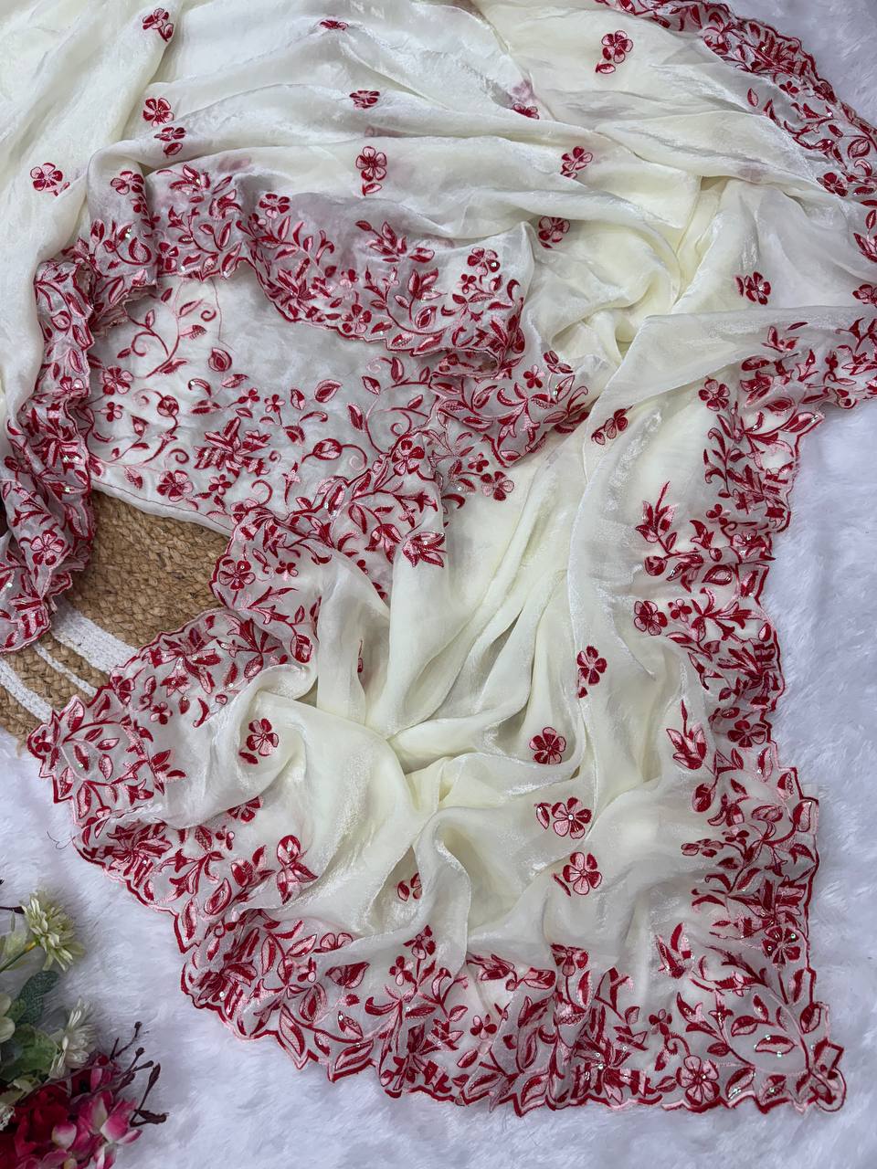 Ivory White Organza Saree with Red Floral Embroidery & Designer Blouse
