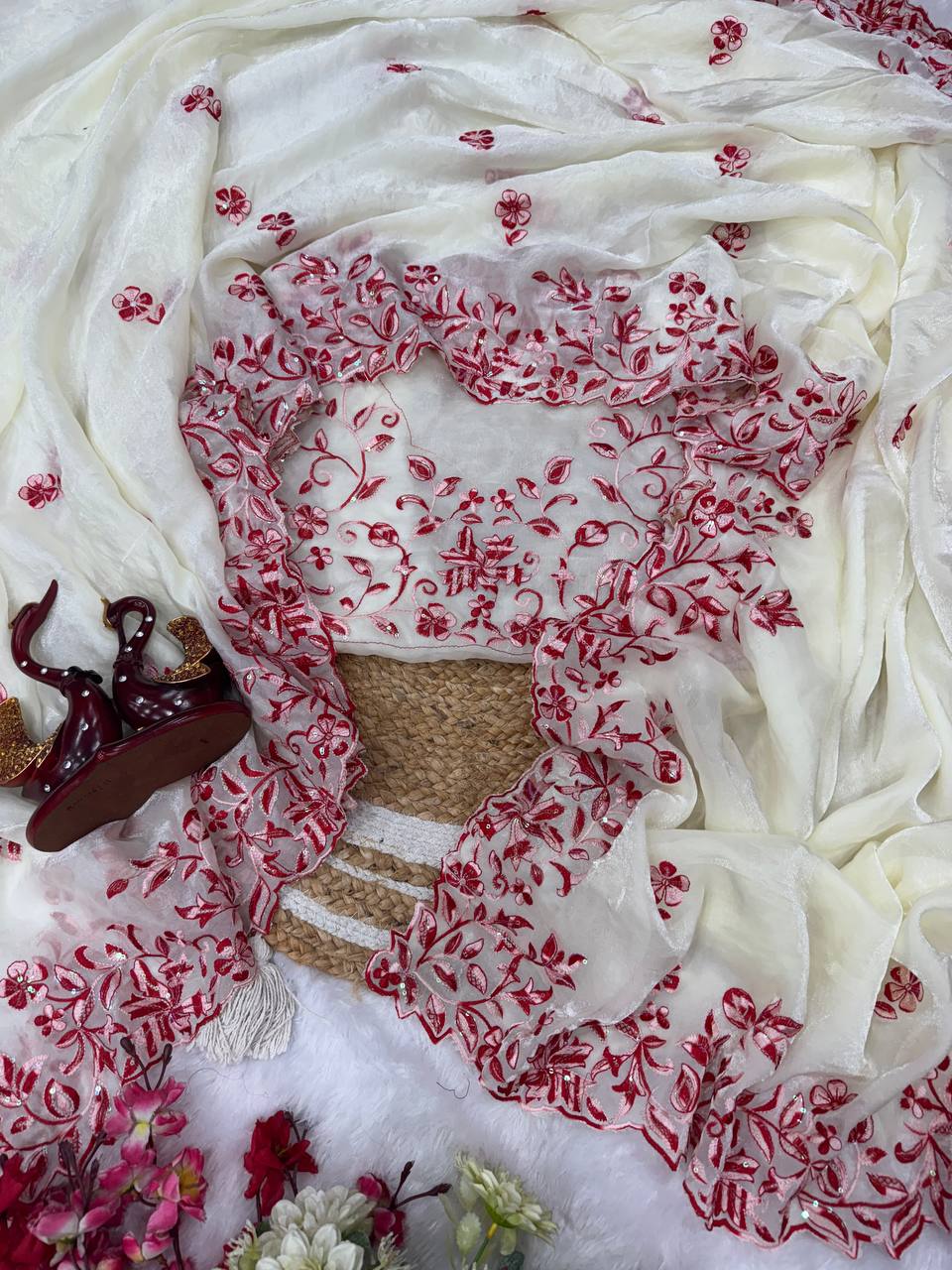 Ivory White Organza Saree with Red Floral Embroidery & Designer Blouse