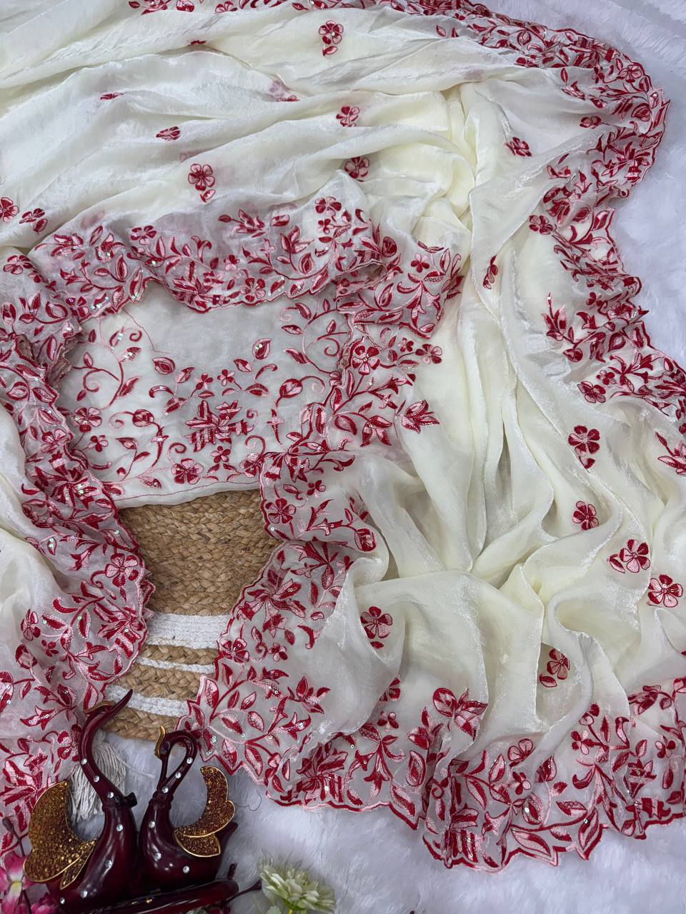 Ivory White Organza Saree with Red Floral Embroidery & Designer Blouse