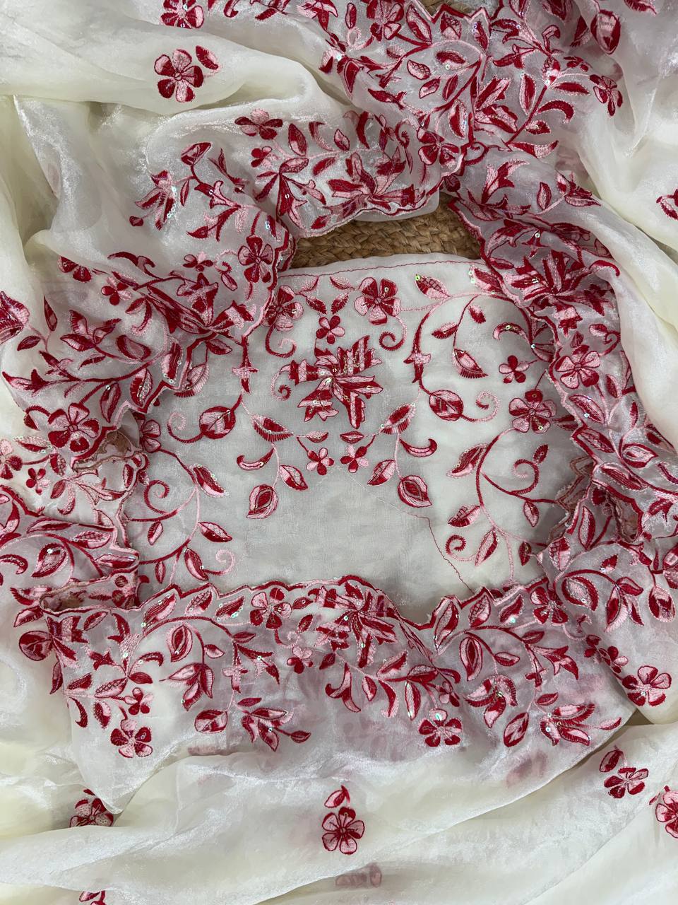 Ivory White Organza Saree with Red Floral Embroidery & Designer Blouse