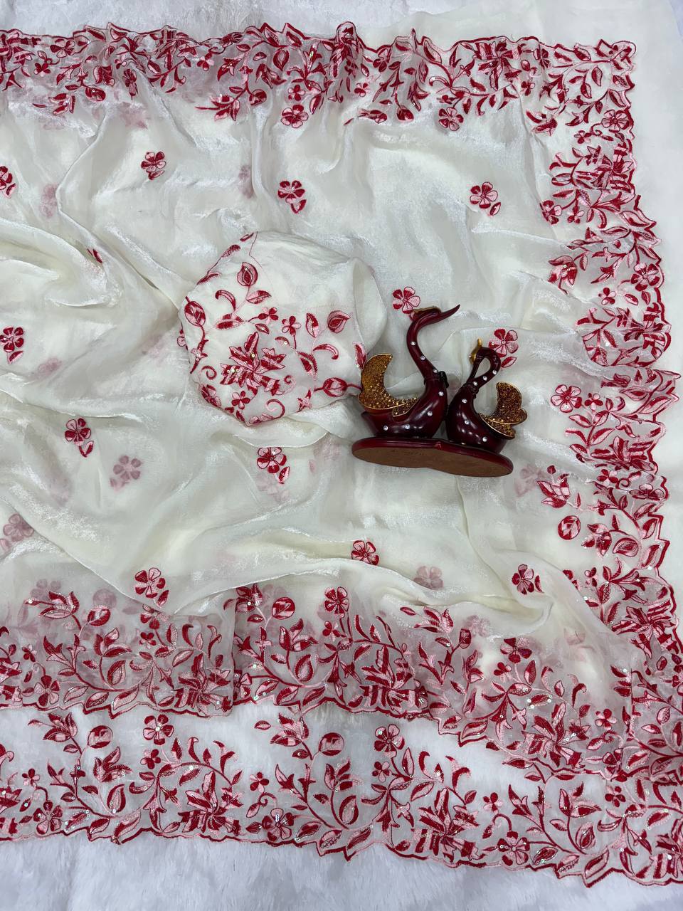 Ivory White Organza Saree with Red Floral Embroidery & Designer Blouse