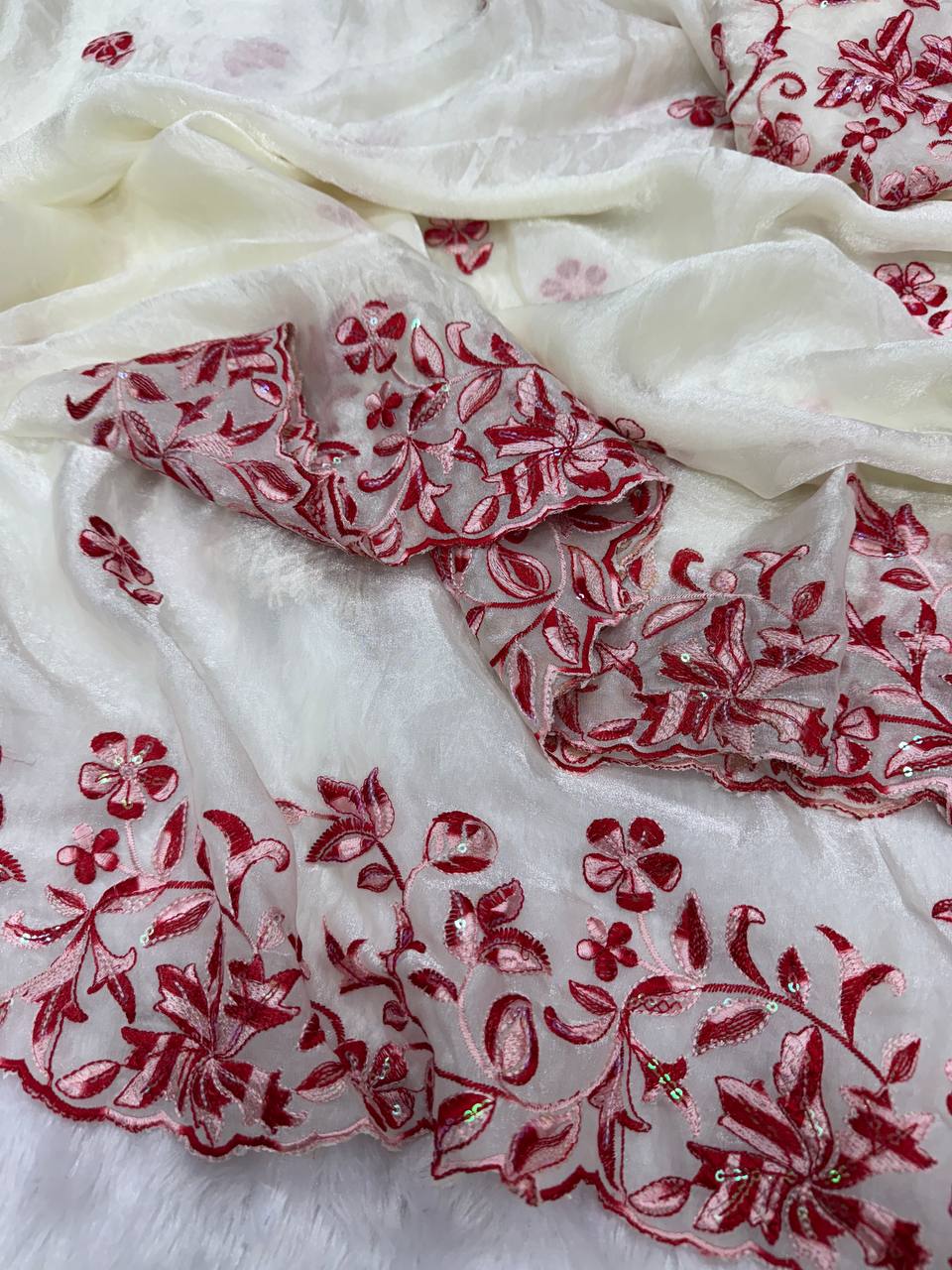 Ivory White Organza Saree with Red Floral Embroidery & Designer Blouse