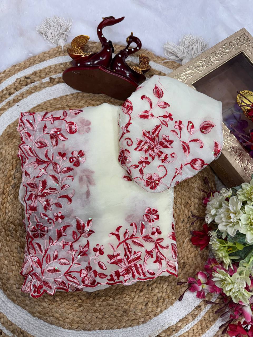 Ivory White Organza Saree with Red Floral Embroidery & Designer Blouse