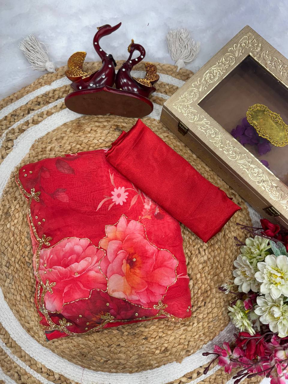 Red Floral Printed Saree with Gold Handwork Border & Matching Blouse