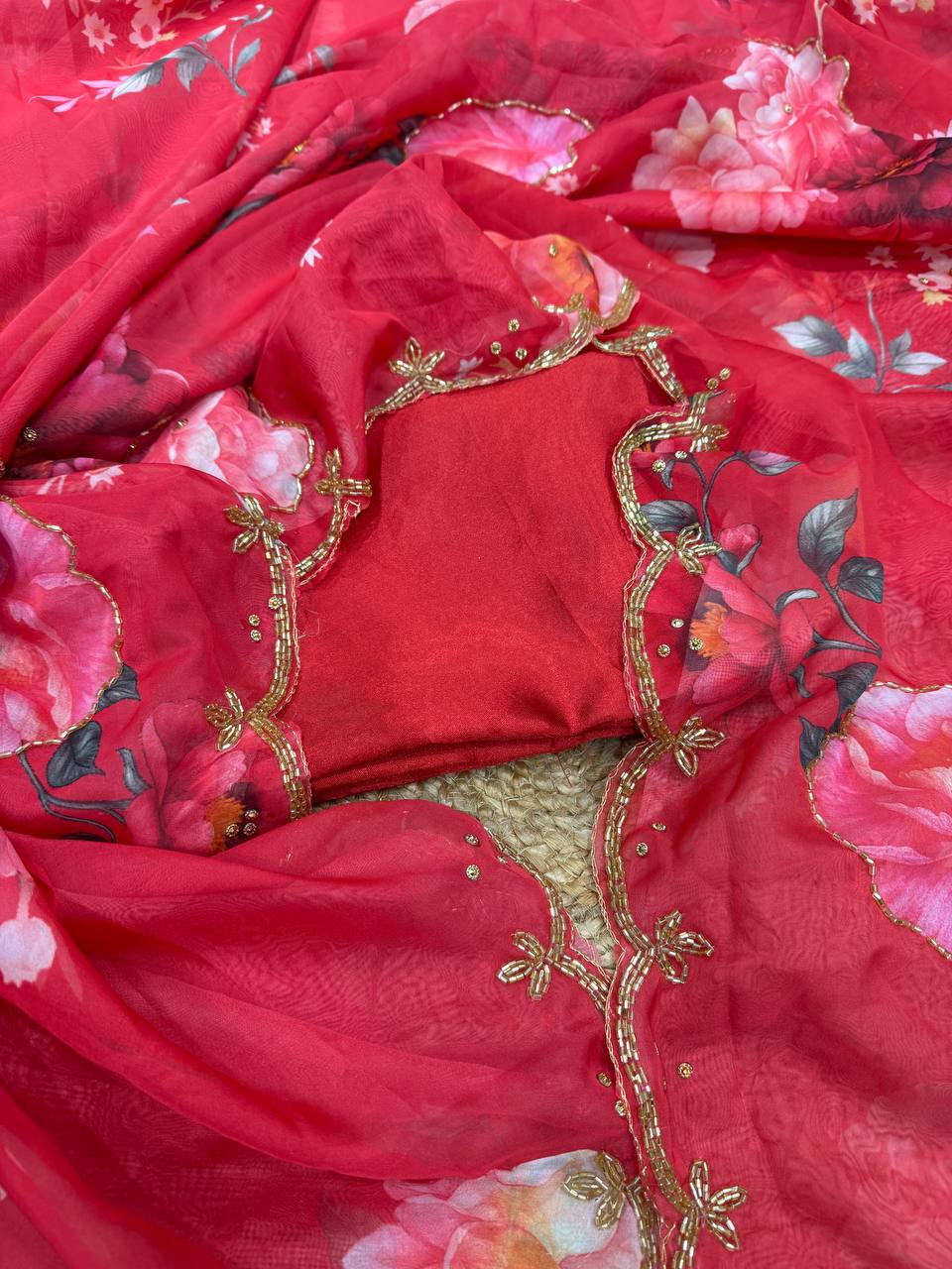Red Floral Printed Saree with Gold Handwork Border & Matching Blouse