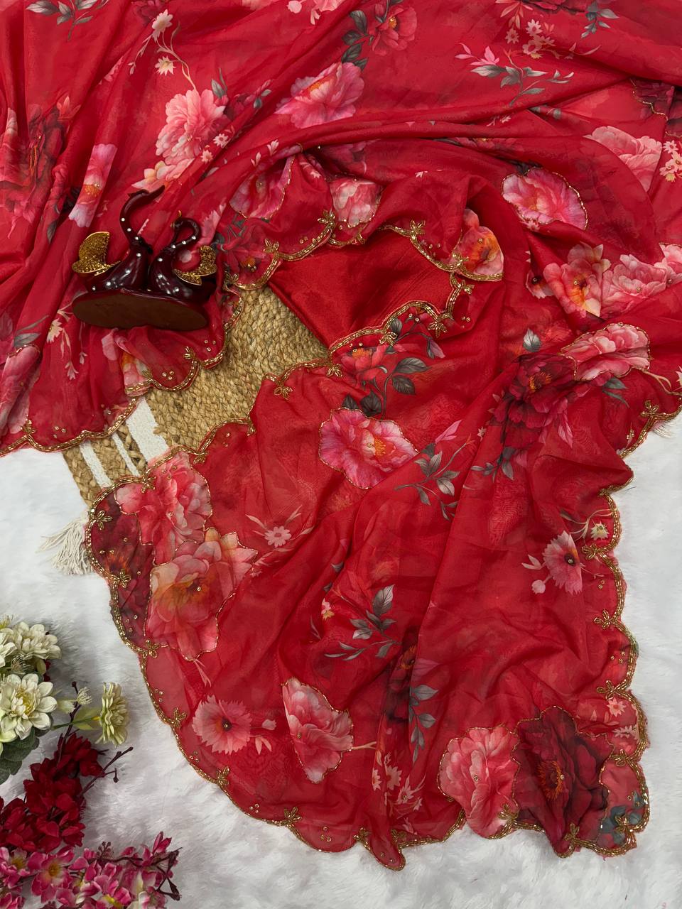 Red Floral Printed Saree with Gold Handwork Border & Matching Blouse