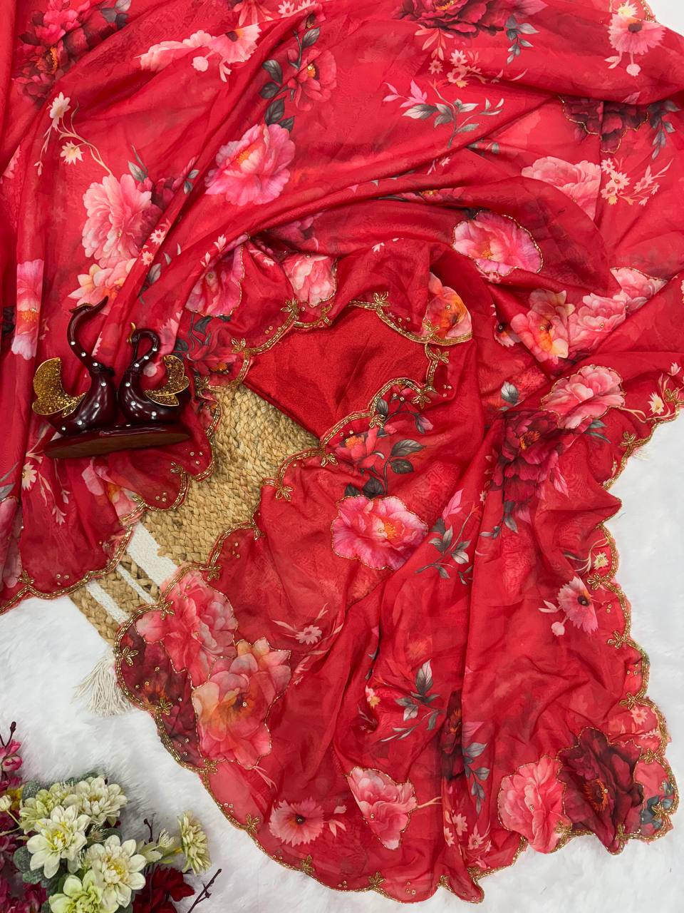 Red Floral Printed Saree with Gold Handwork Border & Matching Blouse